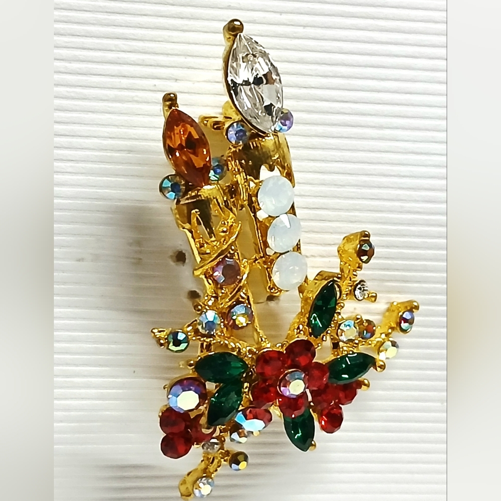 Vintage MonnaLisa Goldtone Christmas Brooch with Red and Green Accents